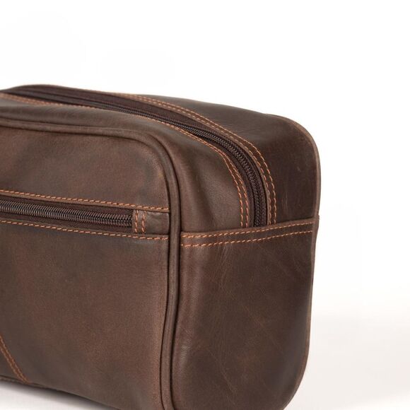 Men's New Genuine Leather Brown Toiletry Bag - Picture 2 of 7